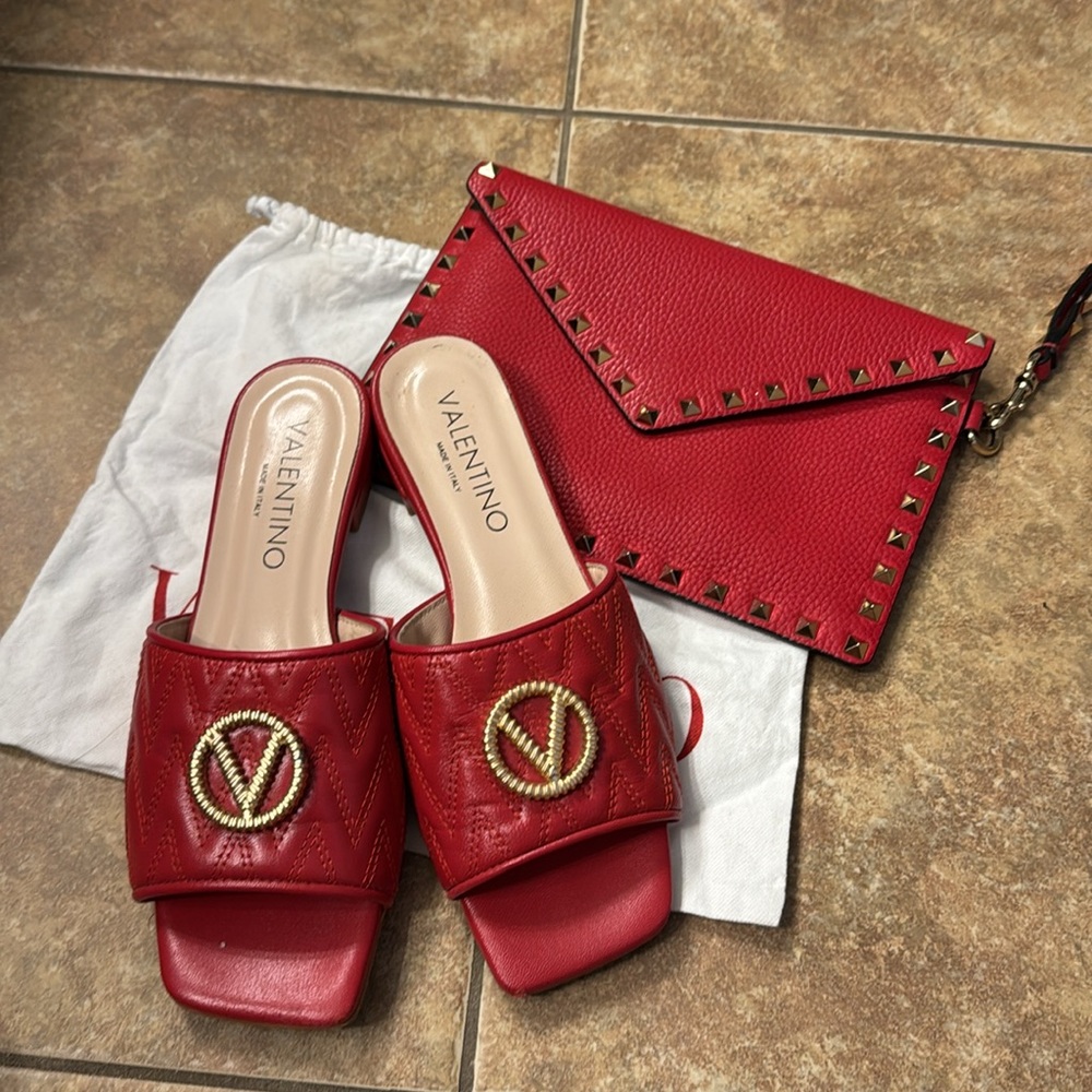 Valentino Mario Valentino Afrodite Quilted Logo Red Sandals